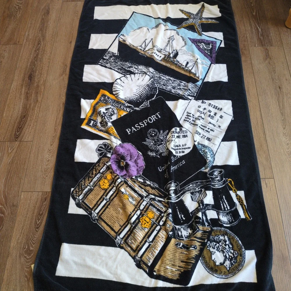 Vtg Hilasal Travel Passport Beach Towel Black White Striped Nautical‎ 64x35